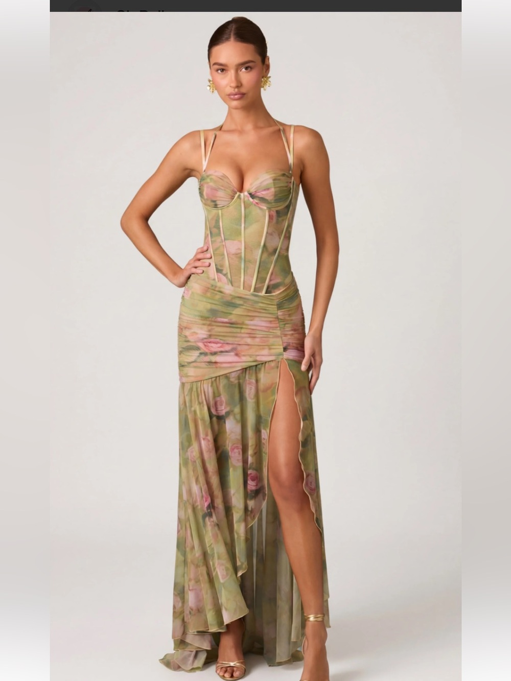 Oh Polly Haruna Gown- Green Floral Mesh Corset Gown with Pink Rose Print